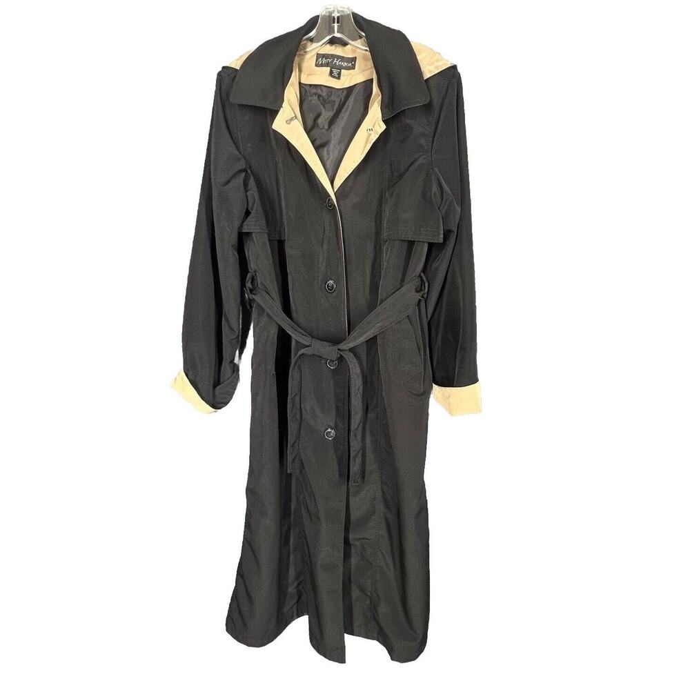 Misty Harbor Trench Coat Womens Medium Black Tan Classic Hood Belt Outdoor Rain